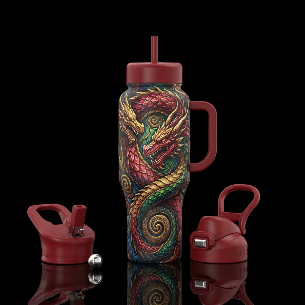 rugged, dragon, spirals water bottle design
