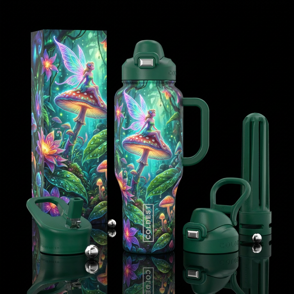 Fairies riding mushroom umbrellas through a rainfo... water bottle design