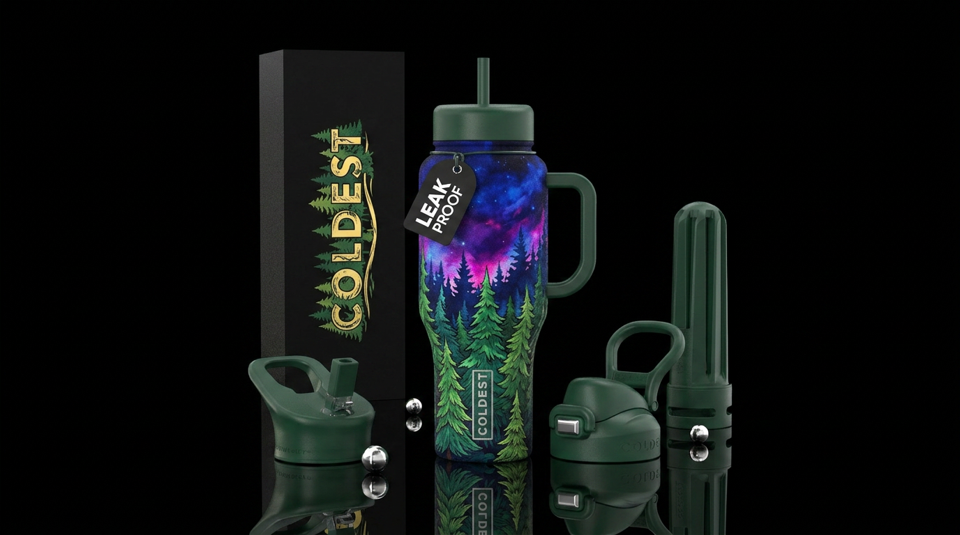 Fiery night skies blue and purple over green fir a... water bottle design