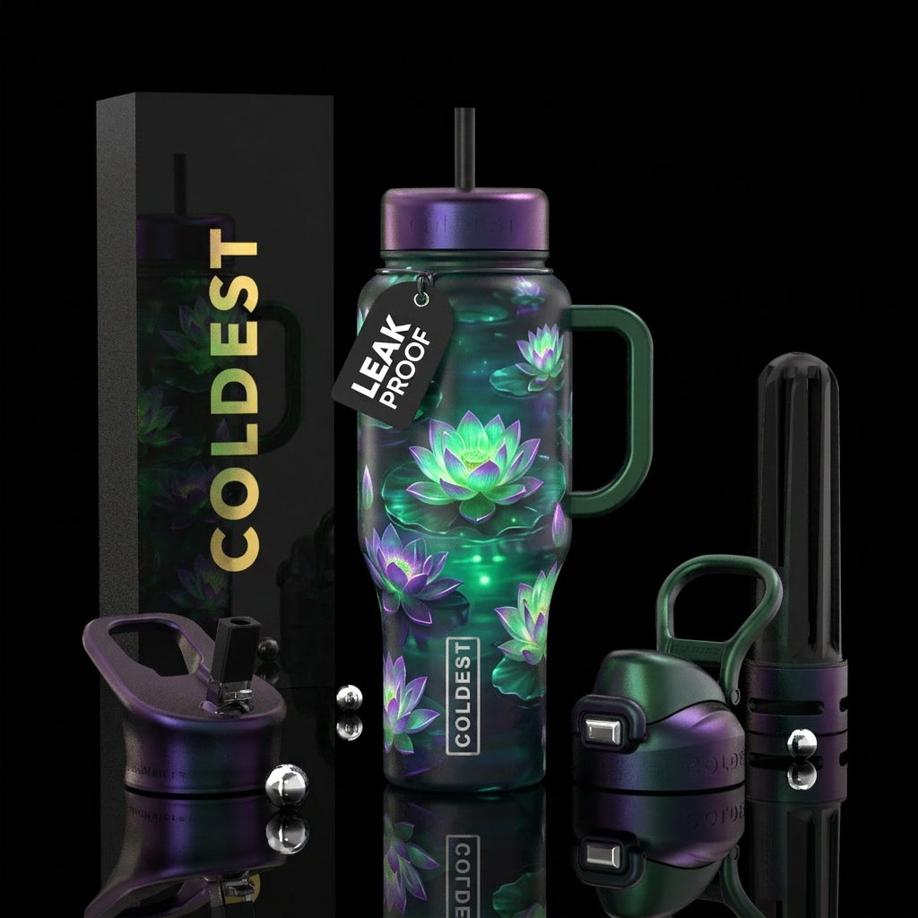 Green and purple irredescent lotus flowers floatin... water bottle design