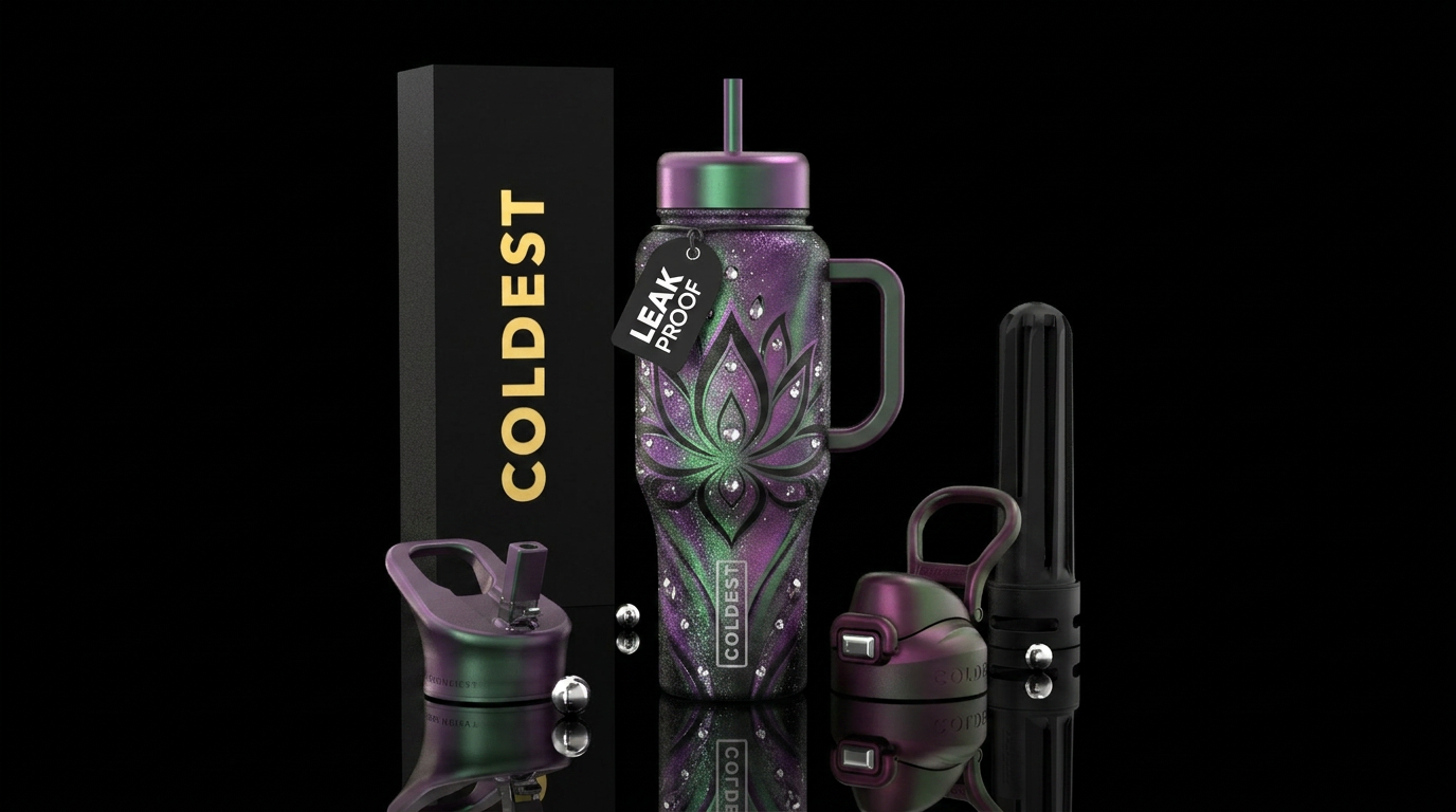 Black purple and green lotus flower sparkling water bottle design