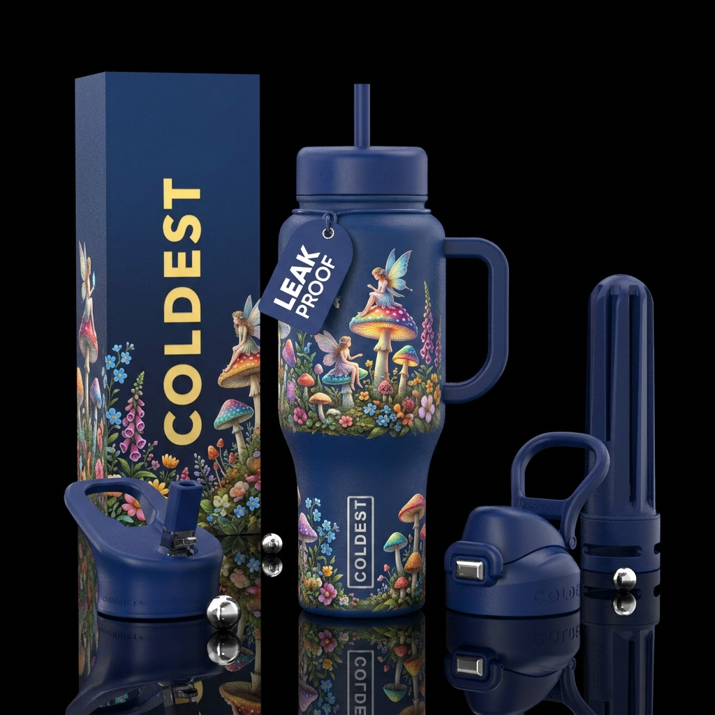 Fairies on mushrooms in a paradise of green and co... water bottle design