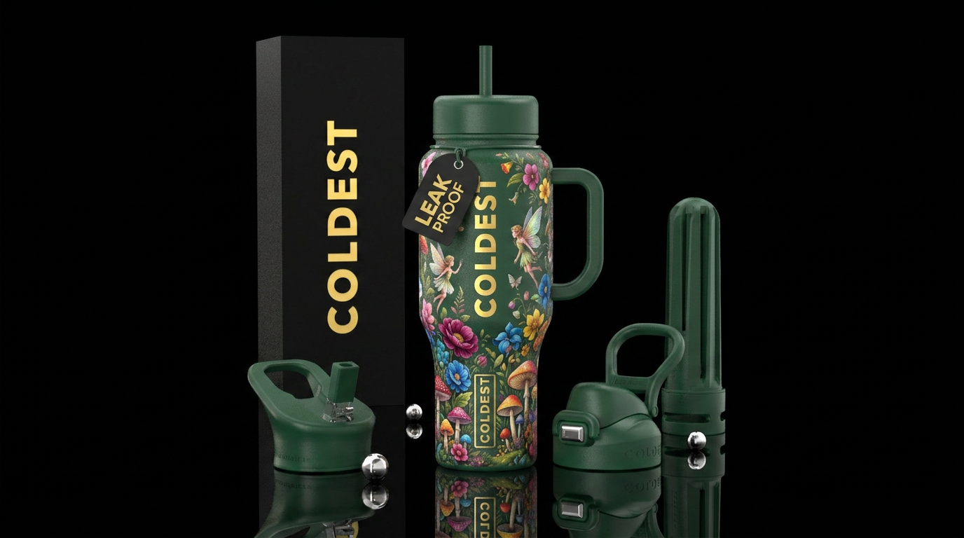 Fairies on mushrooms in a paradise of green and co... water bottle design