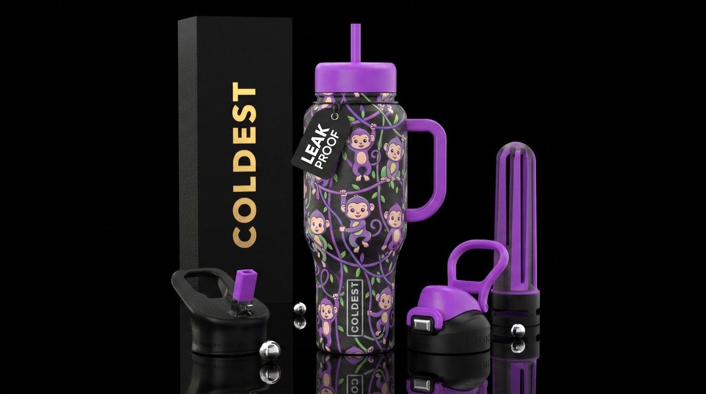 Baby monkeys, purple and green water bottle design