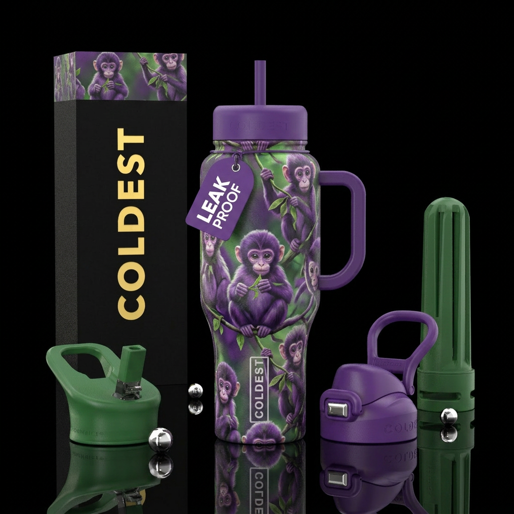 Baby monkeys, purple and green water bottle design