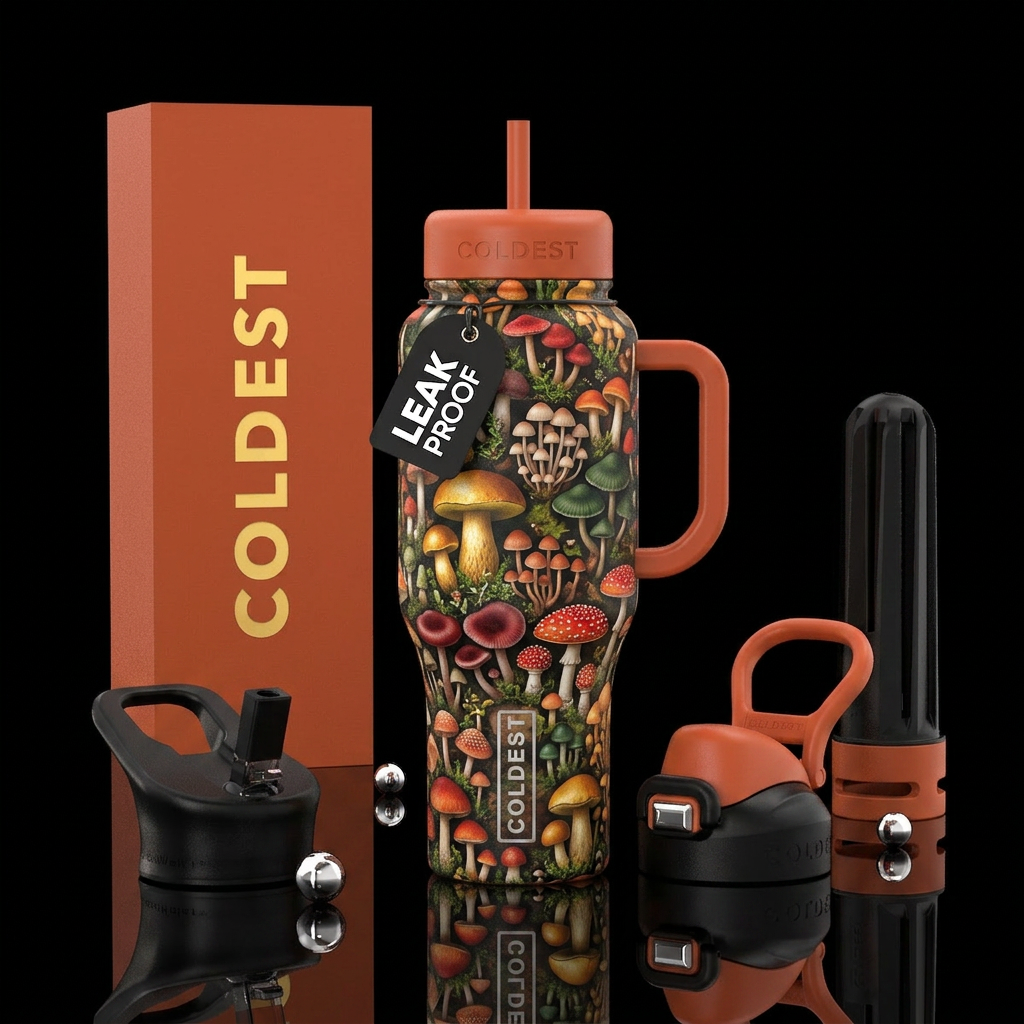 Lots of tiny mushrooms water bottle design