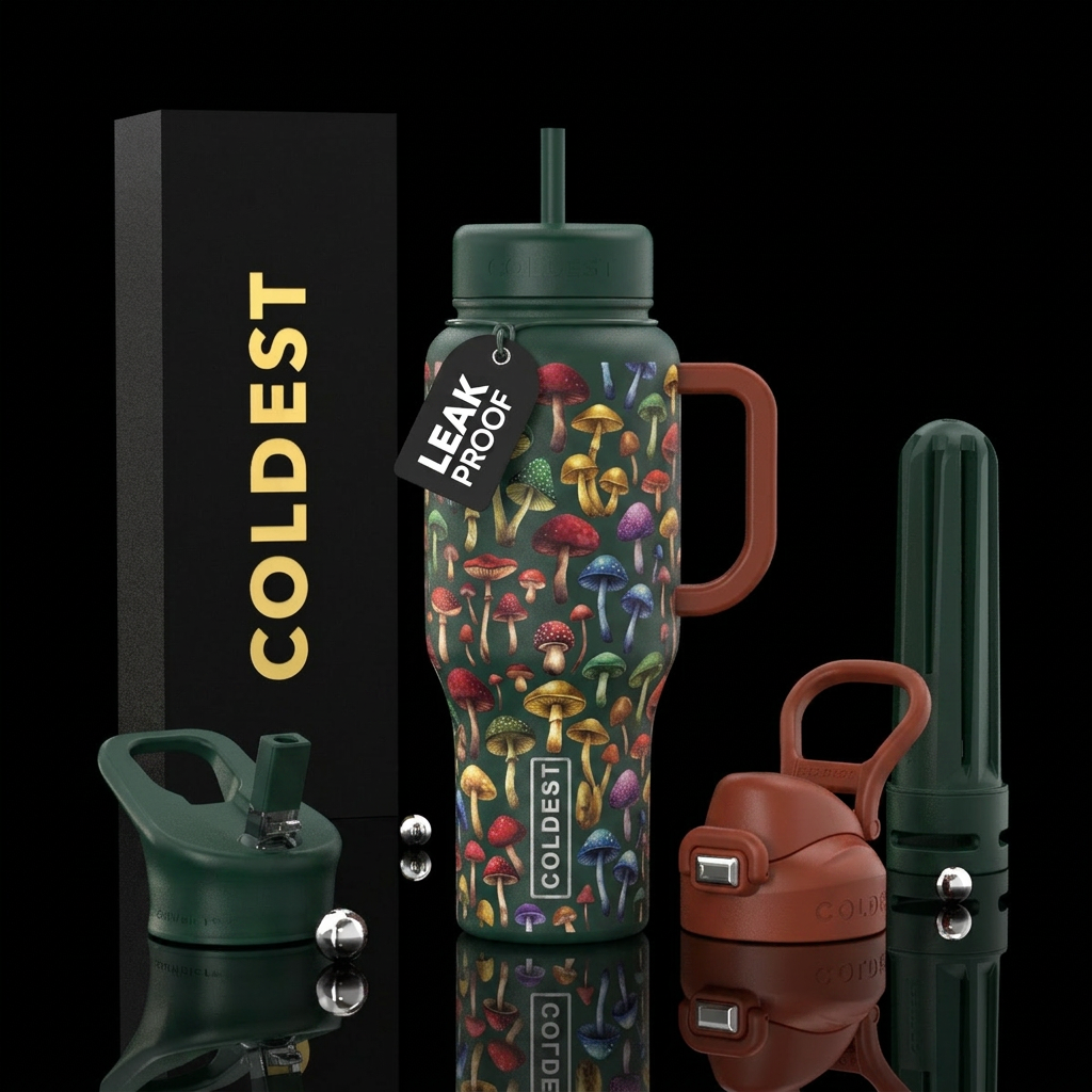 Lots of tiny mushrooms water bottle design