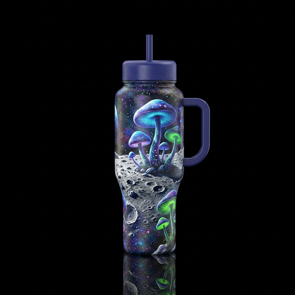 Return to the moon to find mushrooms water bottle design