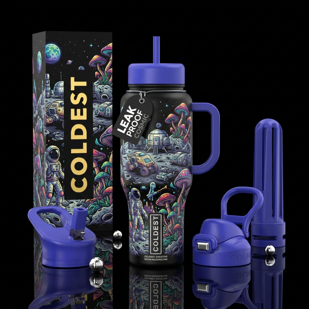Return to the moon to find mushrooms water bottle design
