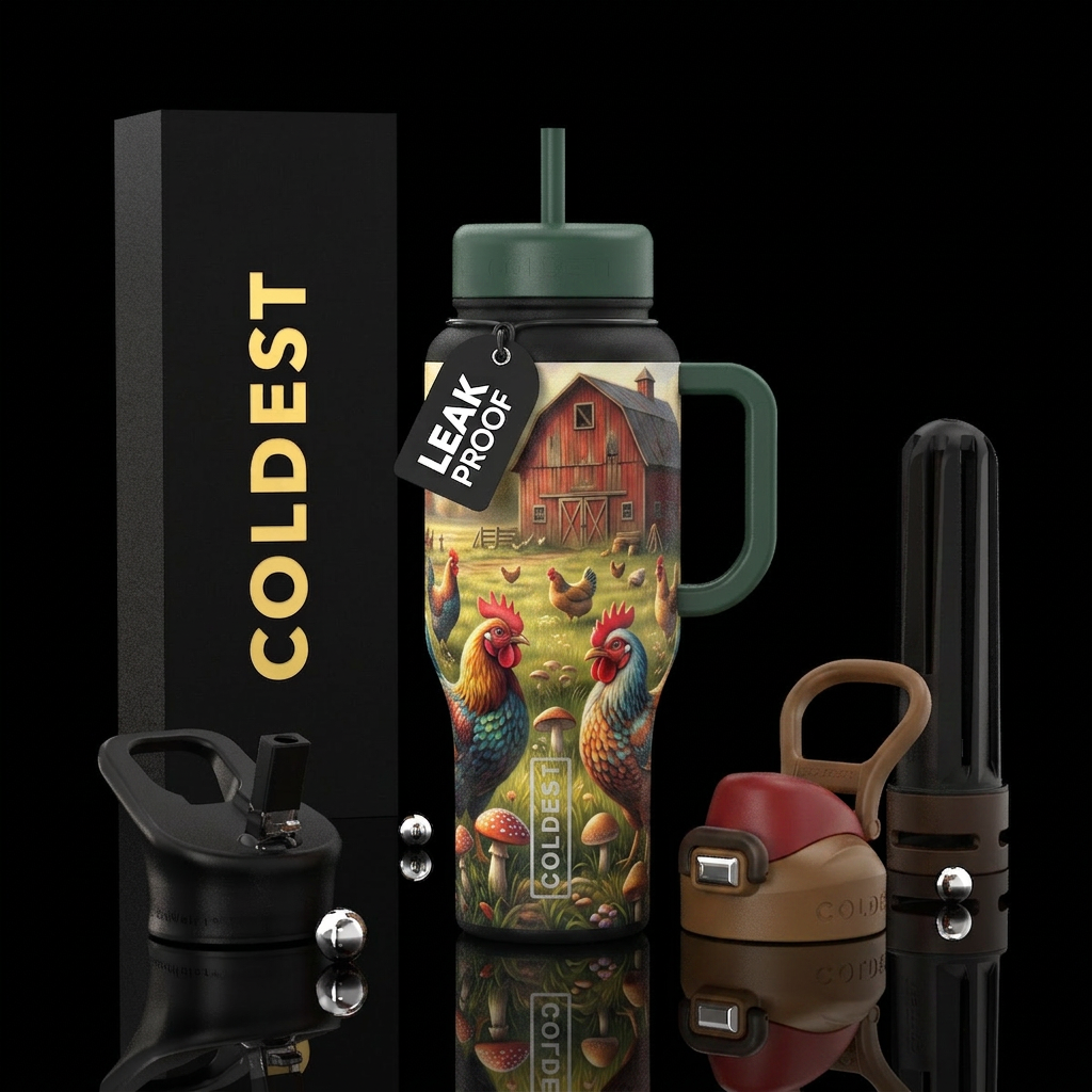 Chickens eating mushrooms in a field, old red barn... water bottle design