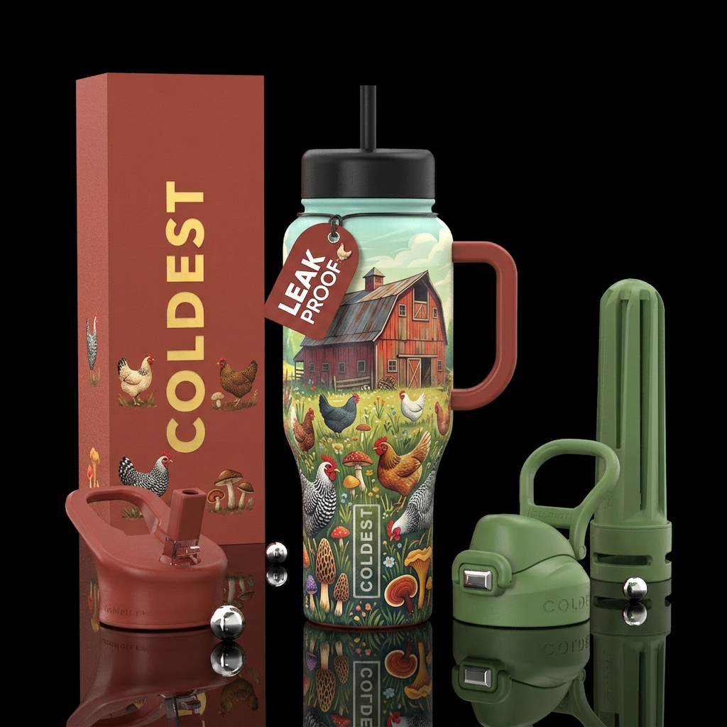 Chickens eating mushrooms in a field, old red barn... water bottle design