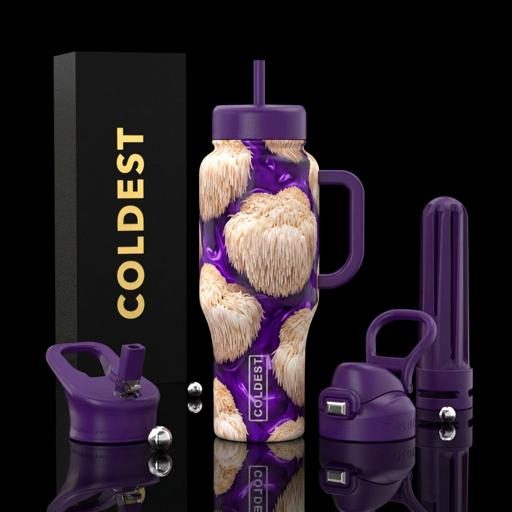 Lions mane mushroom clusters covering the whole bo... water bottle design