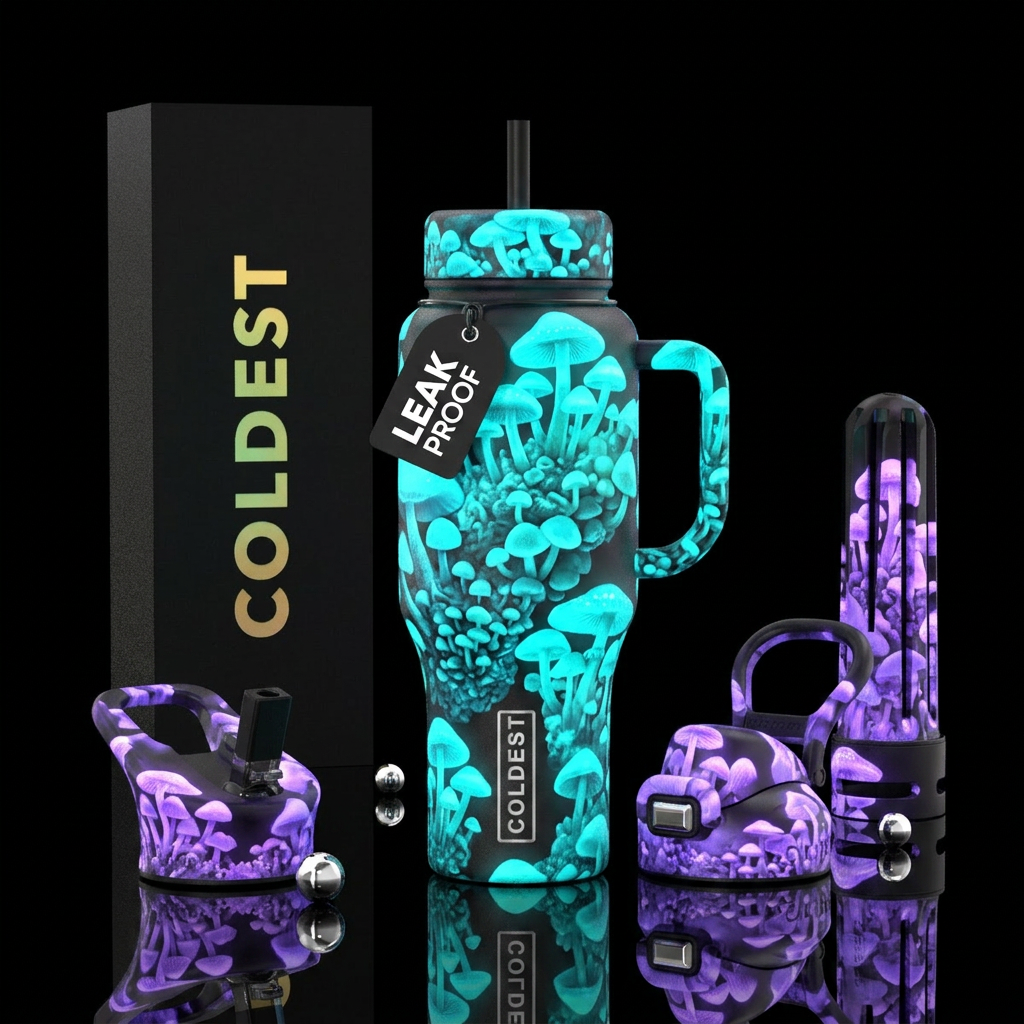All the glowie mushrooms, mushrooms that glow water bottle design