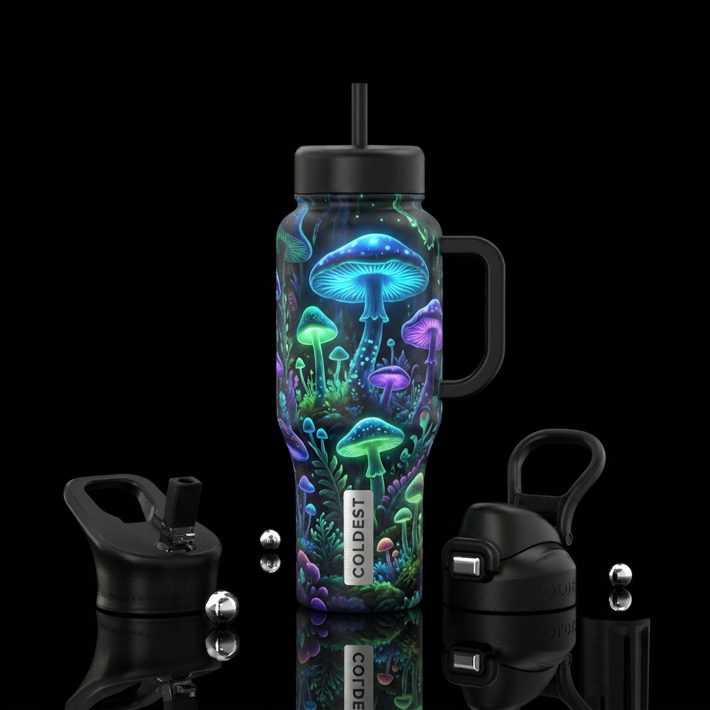 All the bioluminescent fungi mushrooms and  plants water bottle design