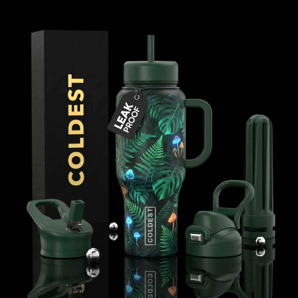 Glowy ferns and monstera with hidden glowing mushr... water bottle design