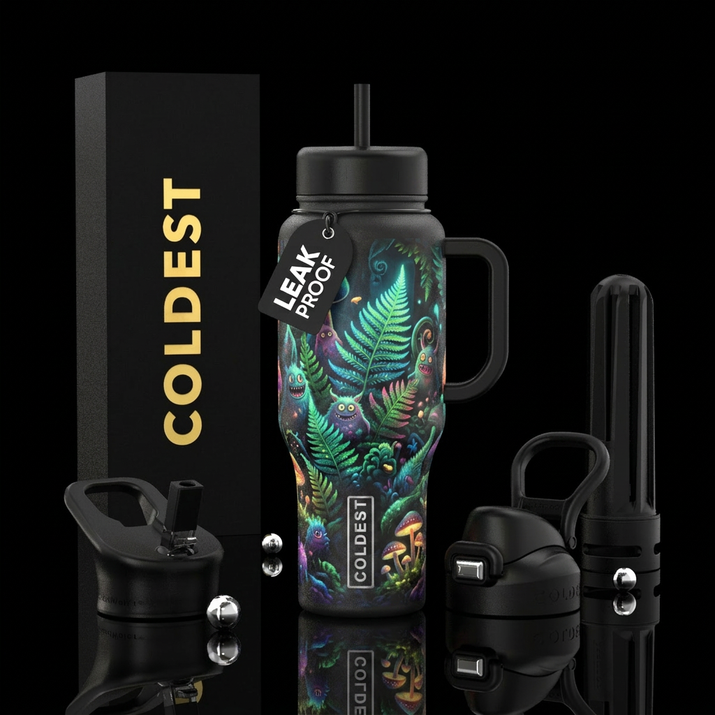 Glowy ferns and monsters with hidden glowing mushr... water bottle design