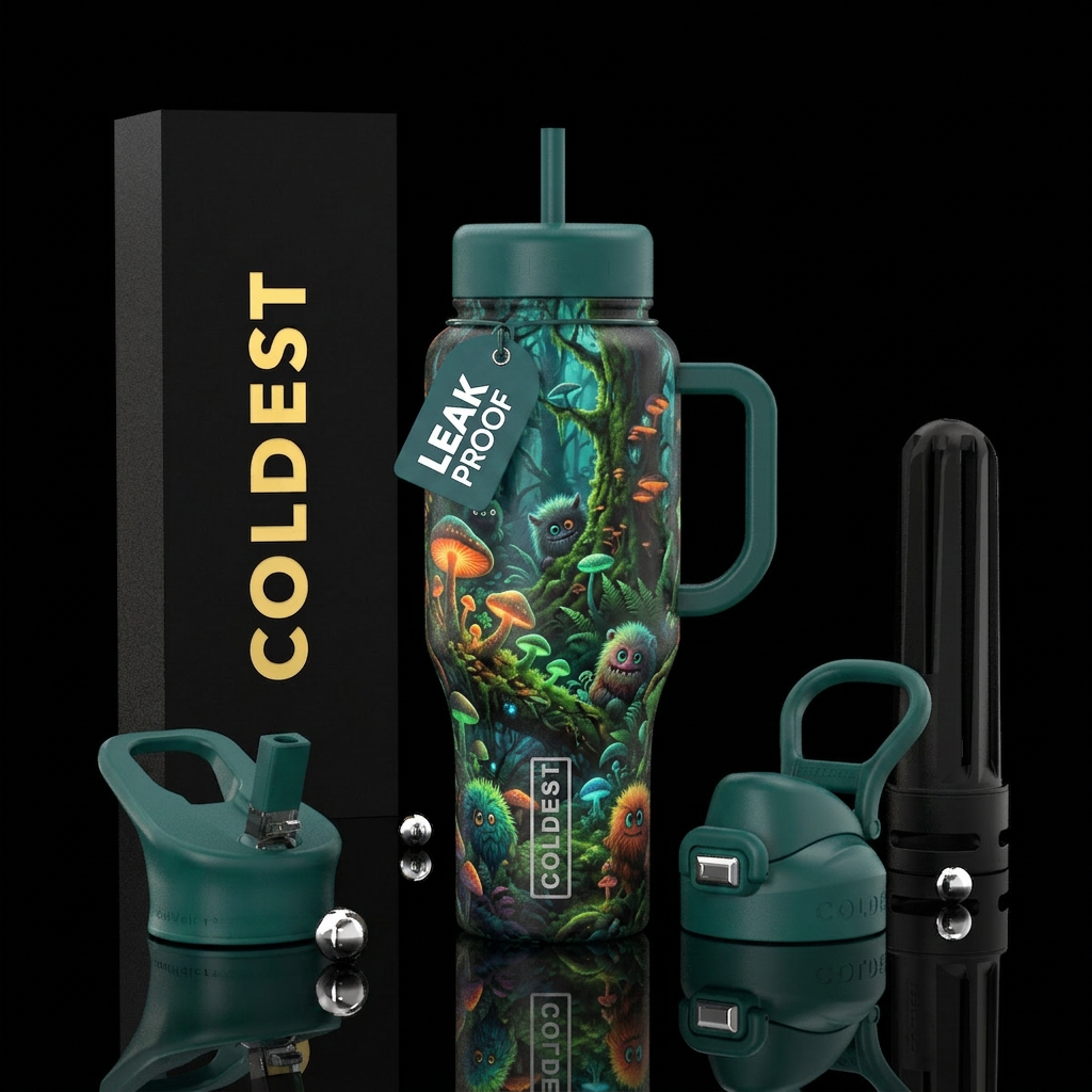 Amazonian type forest with glowing fungi and weird... water bottle design