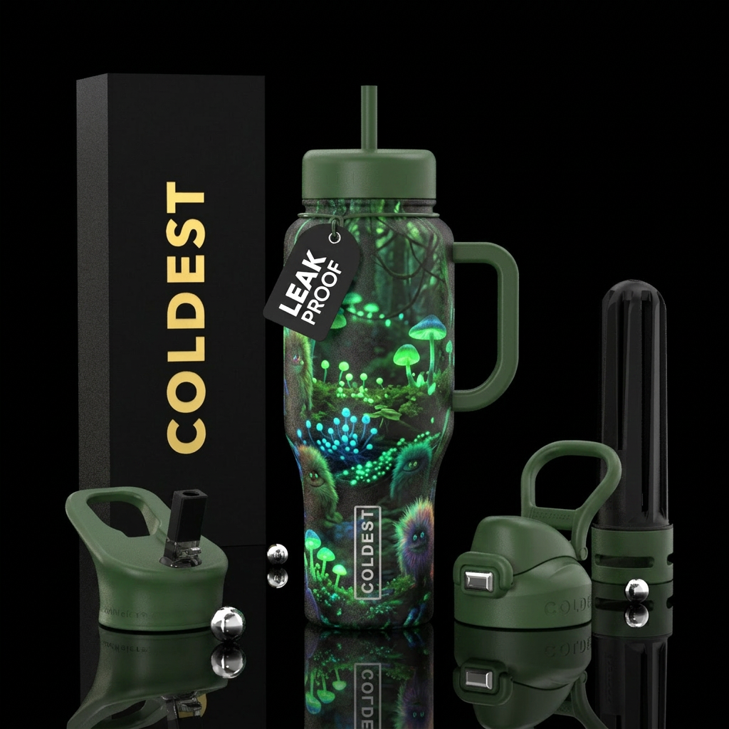 Amazonian type forest with glowing fungi and weird... water bottle design