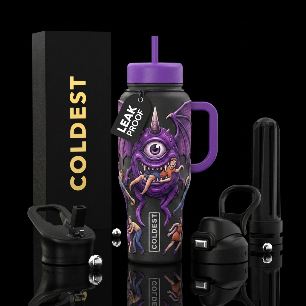 One eyed, one horned, flying purple people eater water bottle design