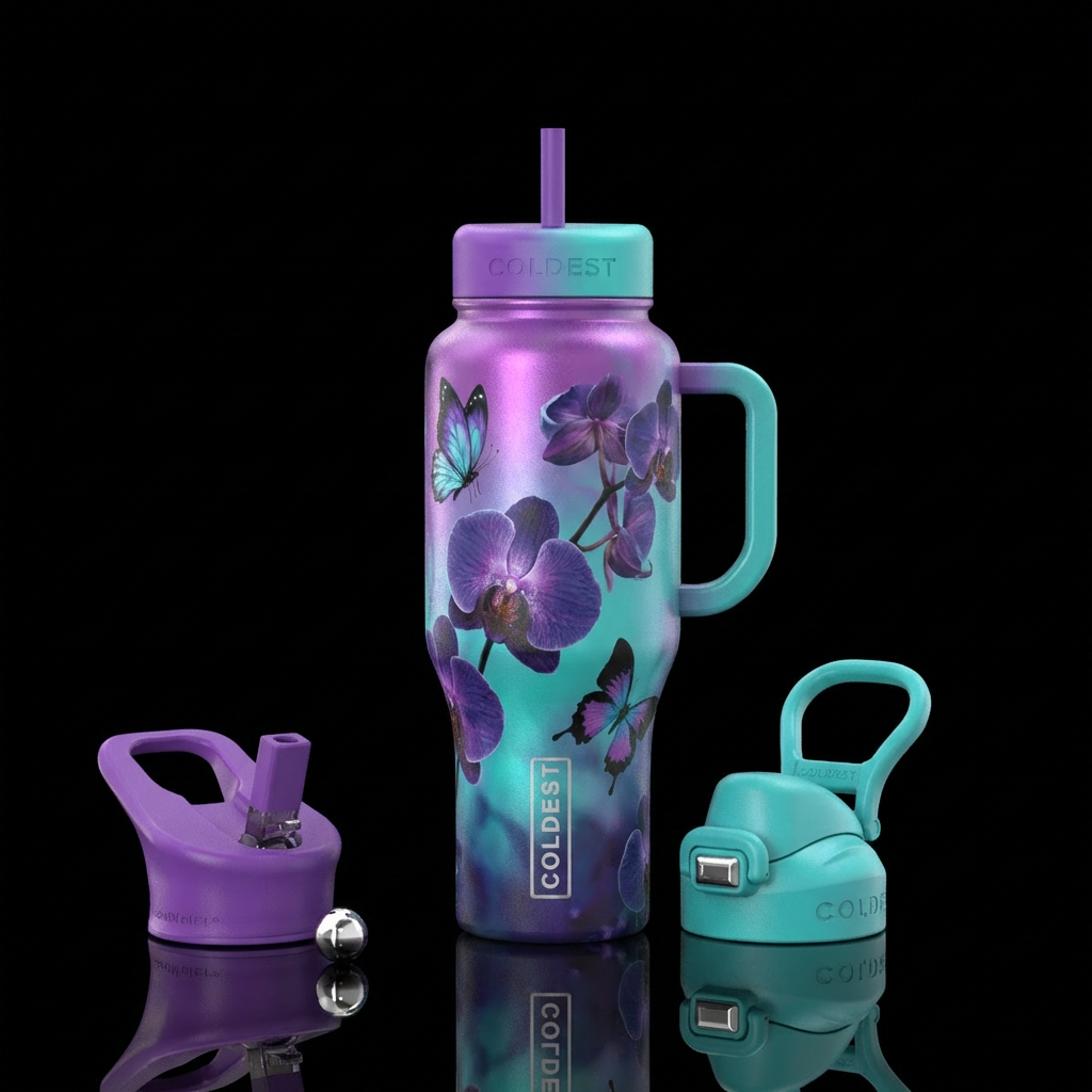 Purple and teal blending together with midnight or... water bottle design