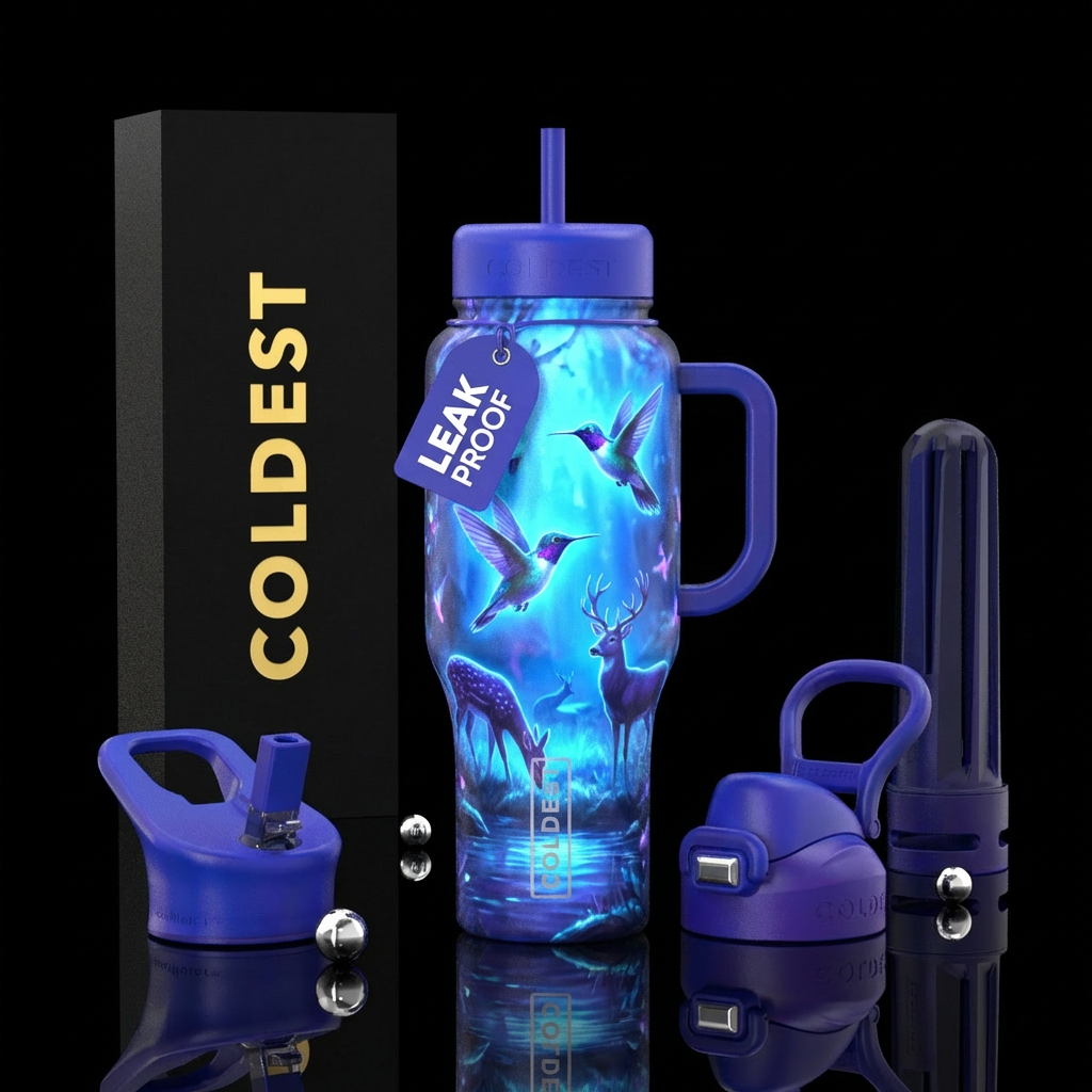 Glowing bright blue and purple with humming birds ... water bottle design