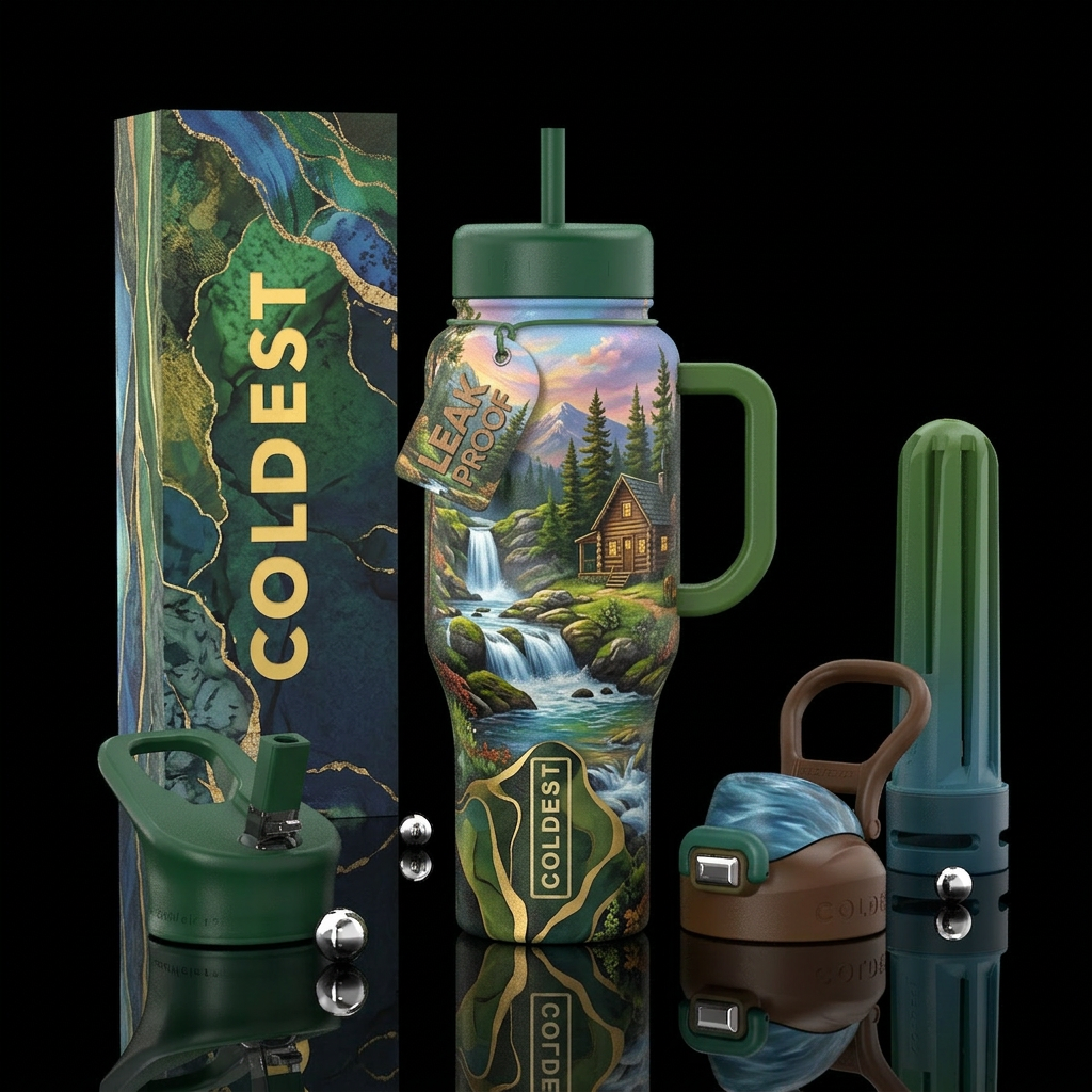 Nice cozy nature scenary with a waterfalls and a l... water bottle design