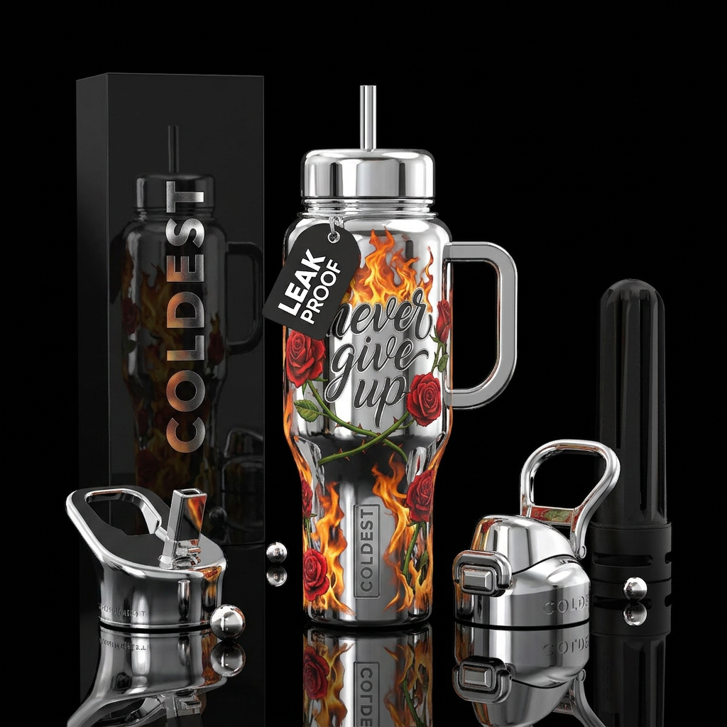 Crome bottle with fire flames around it with roses... water bottle design