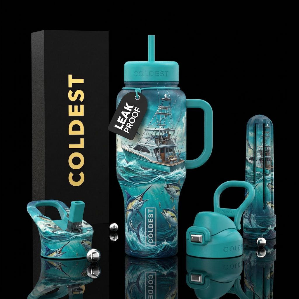 Fishing on the ocean catching big fish water bottle design