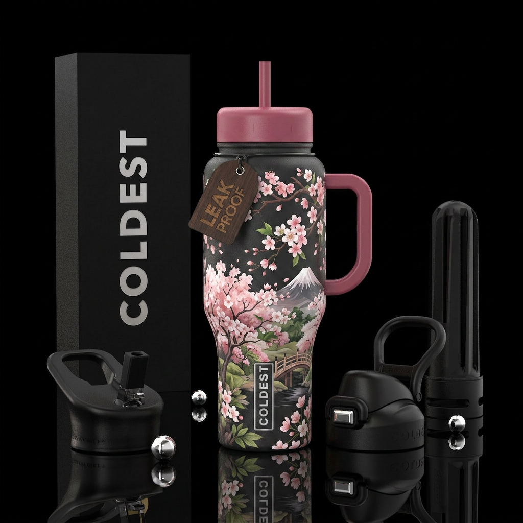 Cherry blossoms  with some pretty scenery on a bla... water bottle design