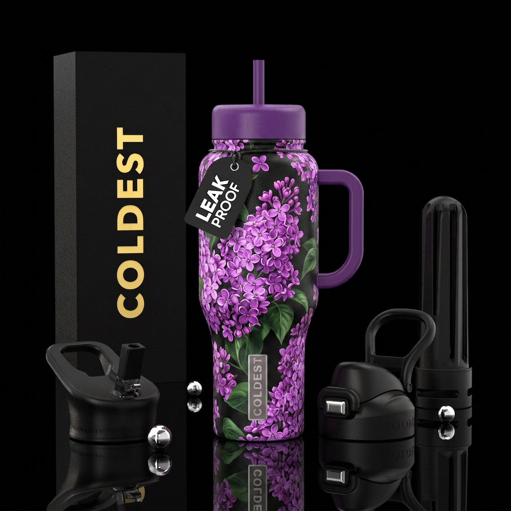 Bright purple lilacs on a black bottle water bottle design