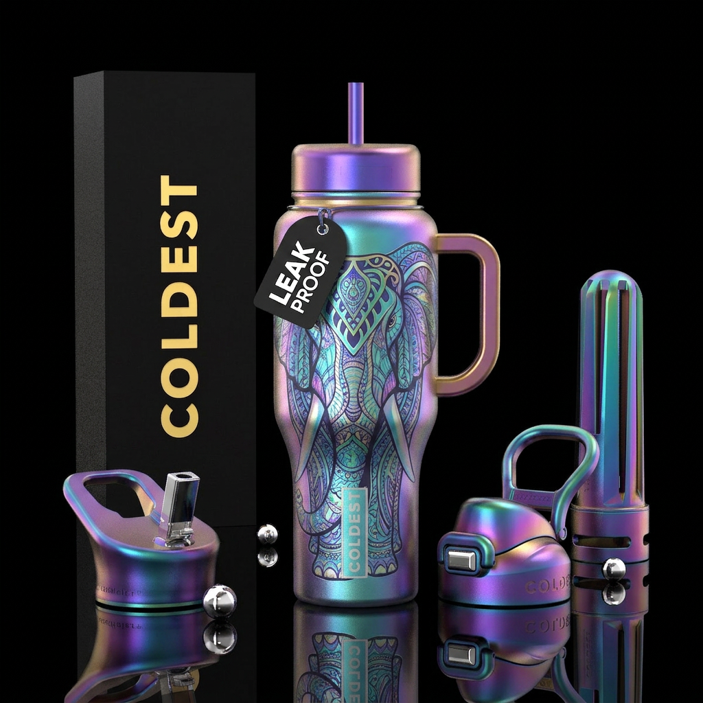 magical, irridescent, elephant water bottle design
