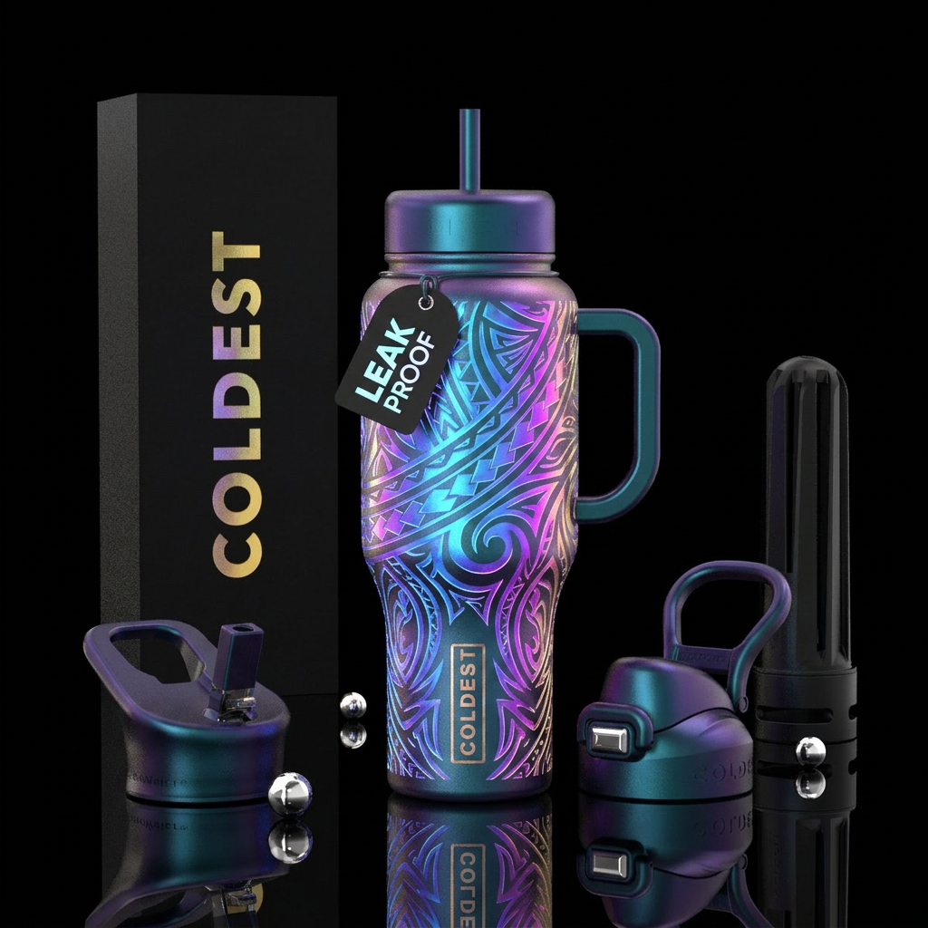 irridescent, glowie, tribal water bottle design
