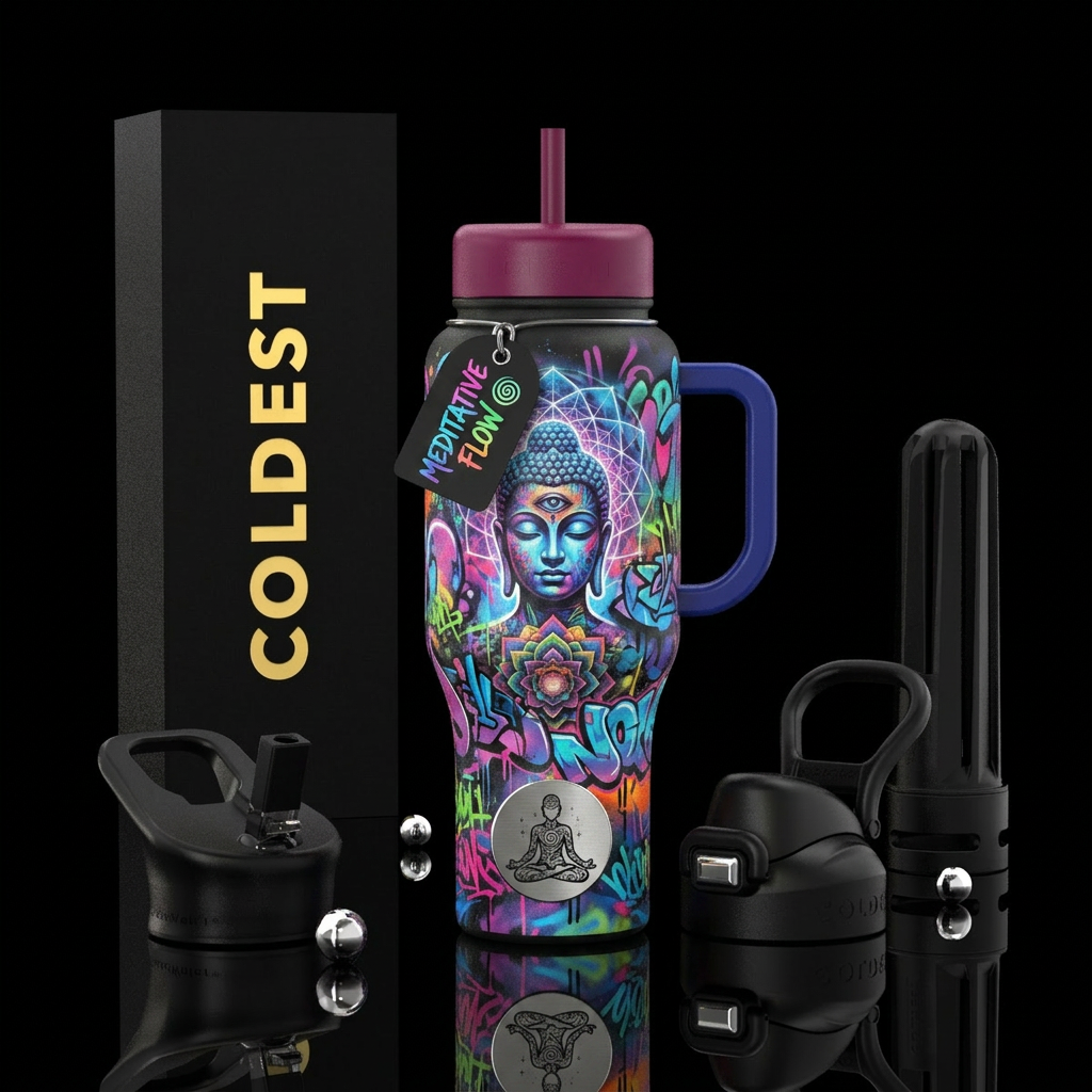 meditation, street art, mesmerizing water bottle design
