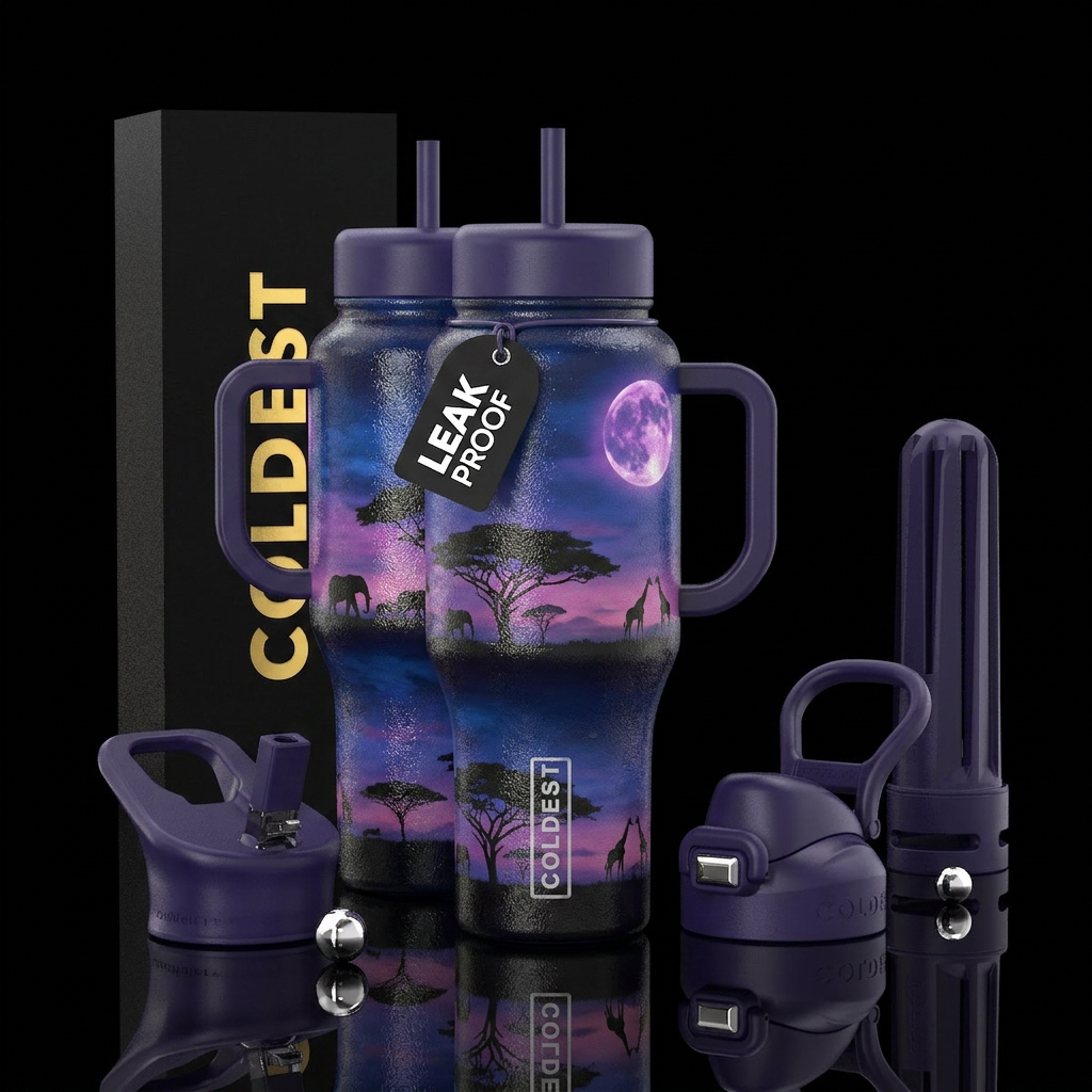 Safari under a night sky with a purple pink moon s... water bottle design