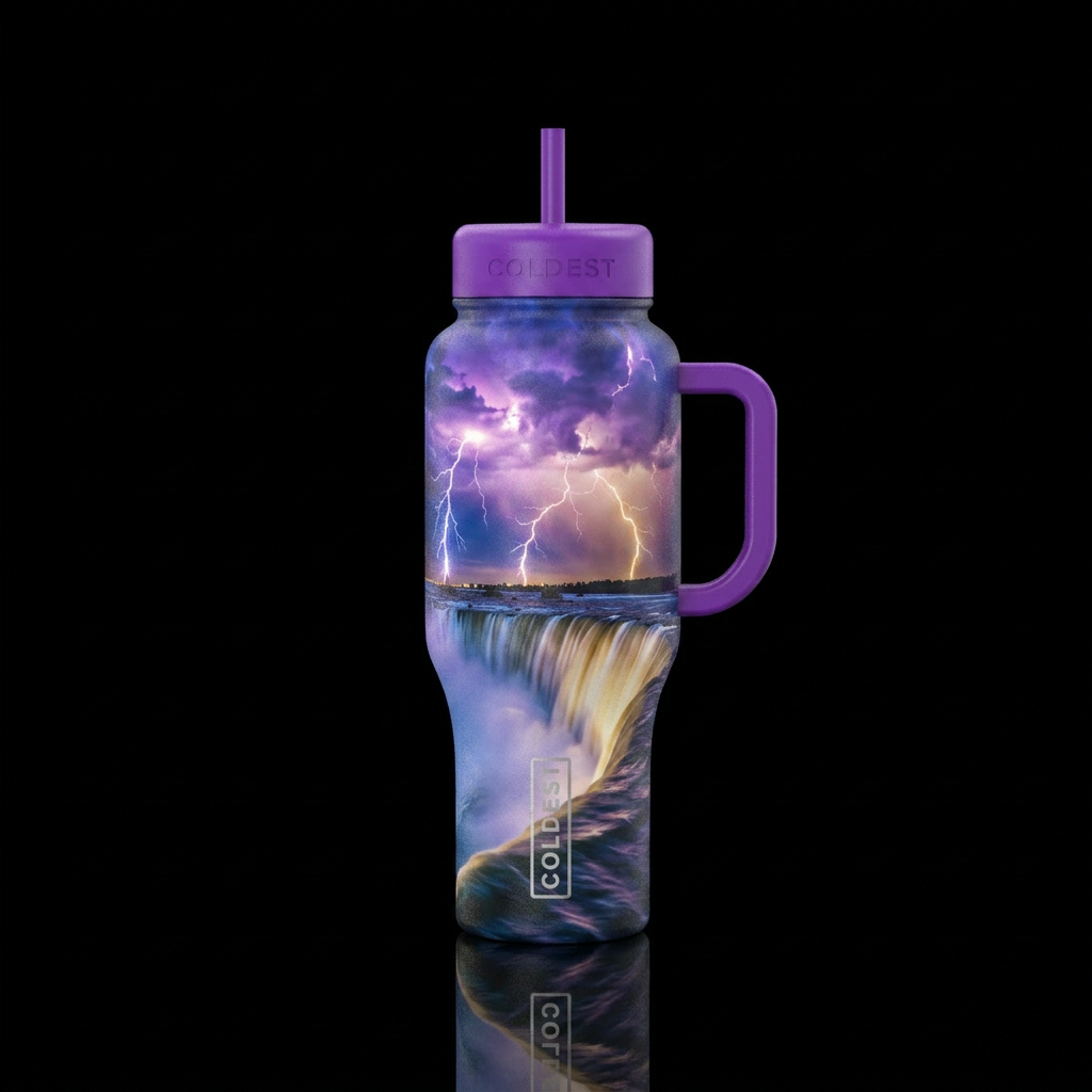 Sky in a lighting storm over waterfall water bottle design