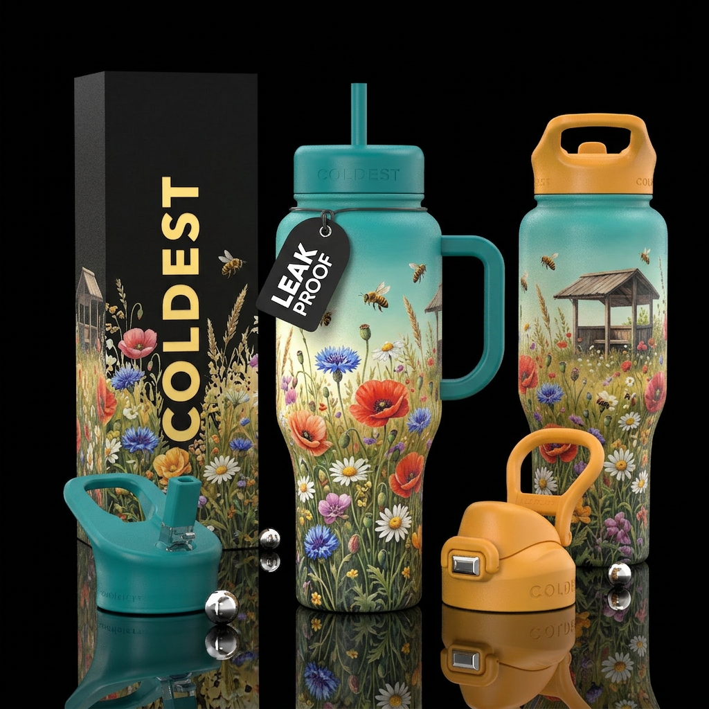 Multicolor bottle with wildflower field and bees f... water bottle design