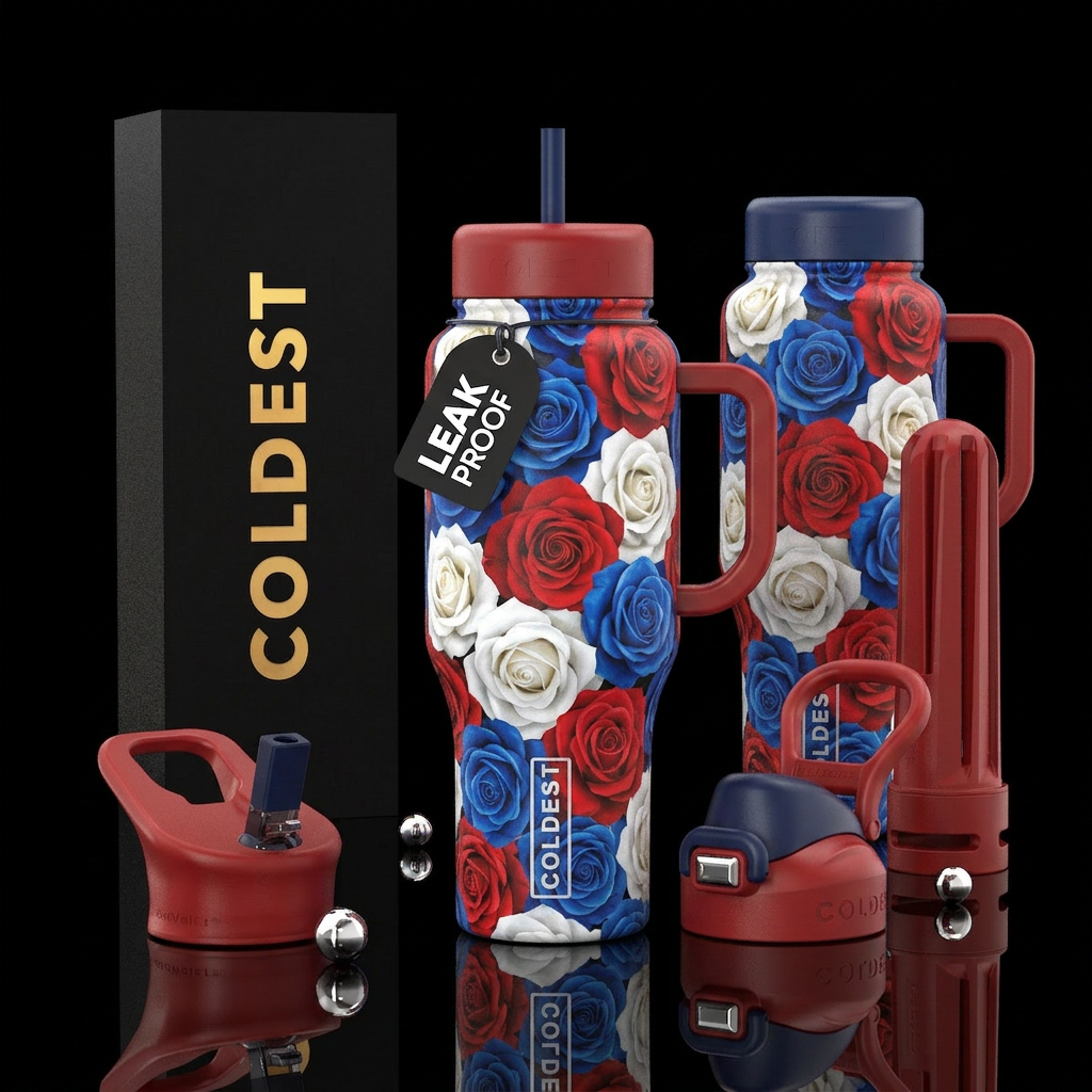 Red white and blue multicolor roses around whole c... water bottle design