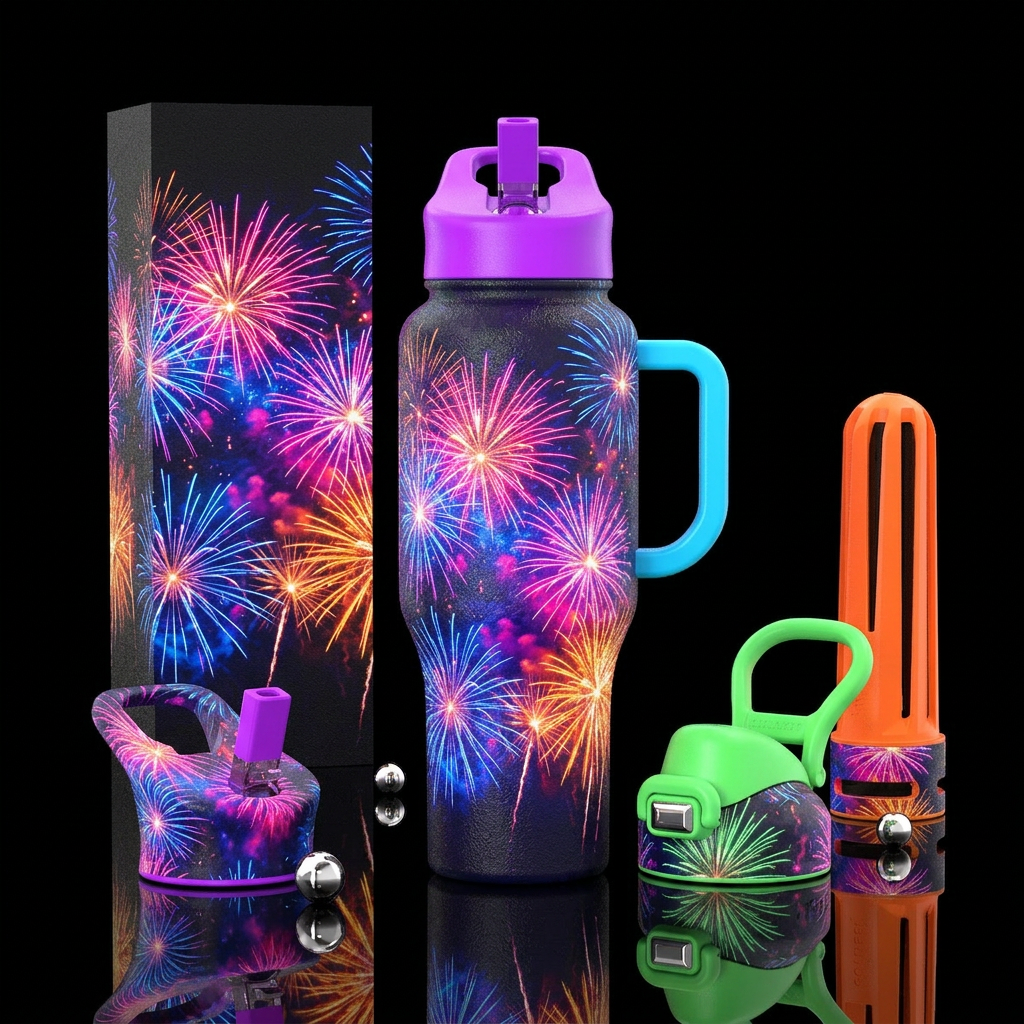 Fourth of july night with bright neon color firewo... water bottle design