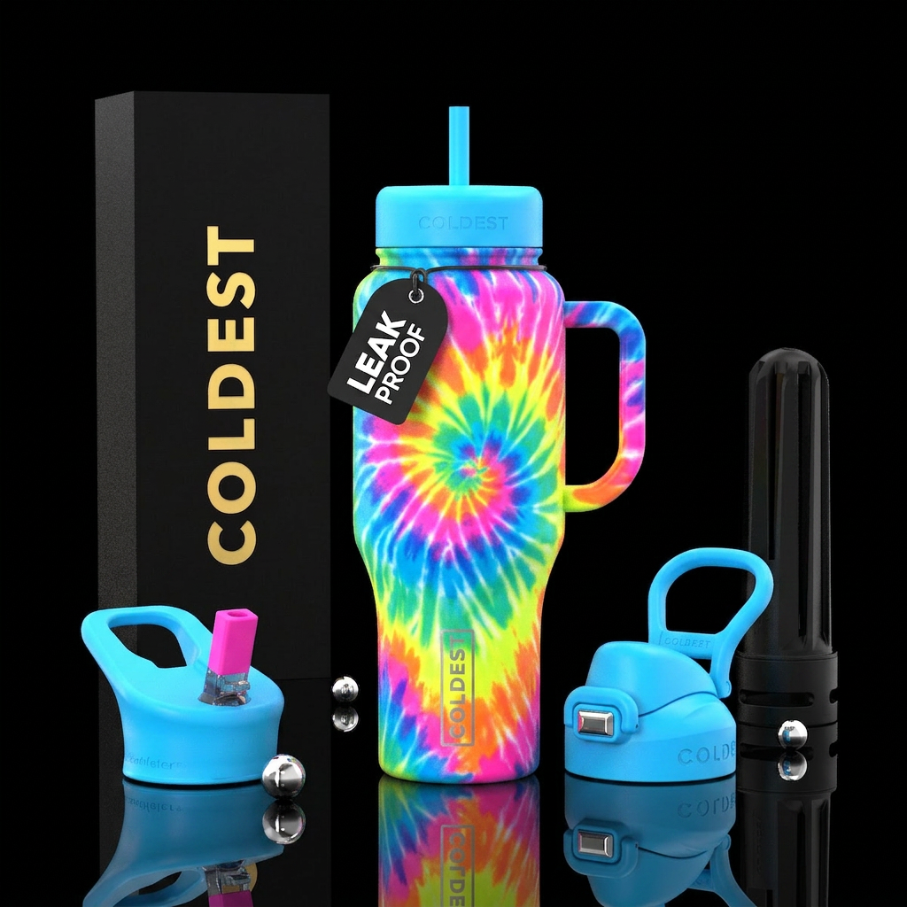 tie-dye bright neon colors water bottle design