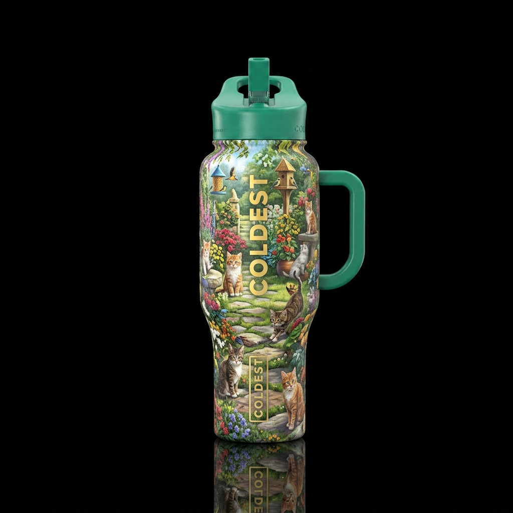 Cats playing in a yard surrounded by beauty water bottle design