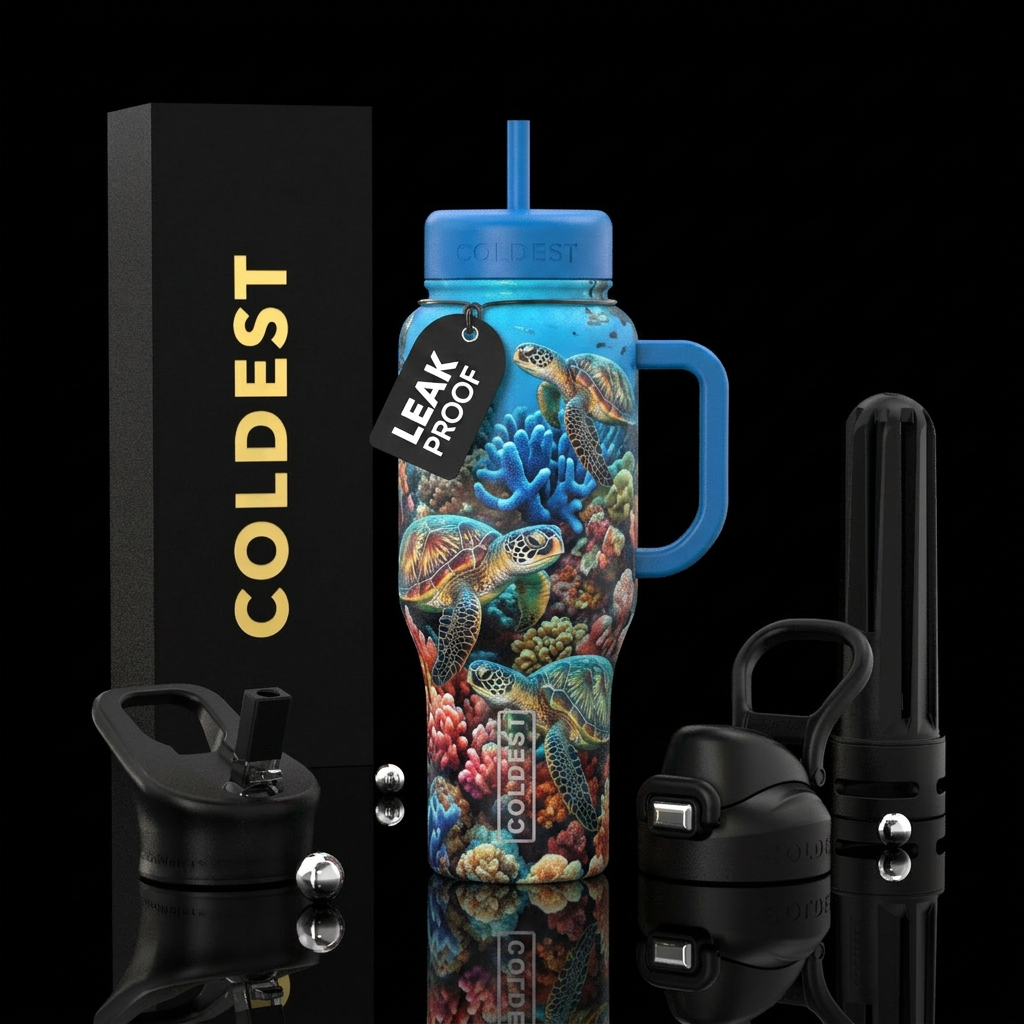 Sea turtles swimming in a beautiful bright coral water bottle design