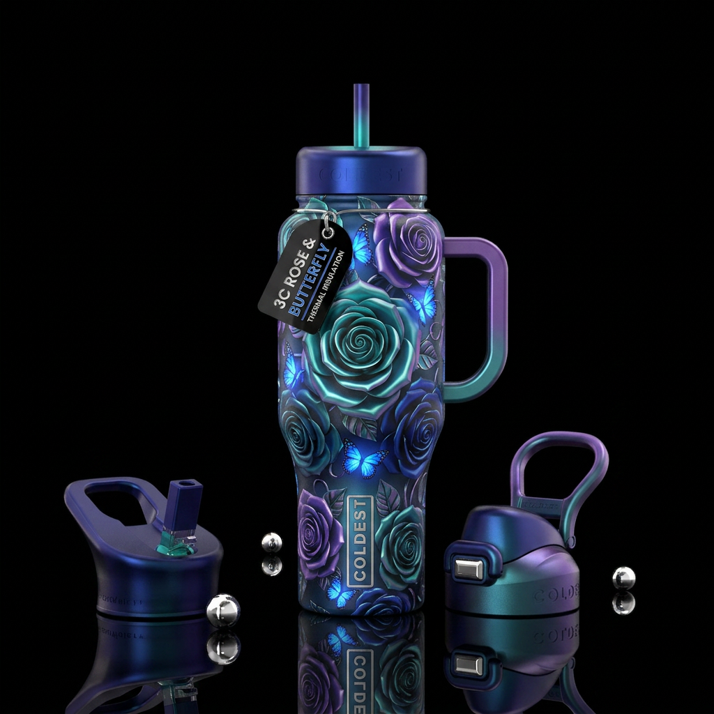 Bright 3 color rose wite bright butterflies water bottle design