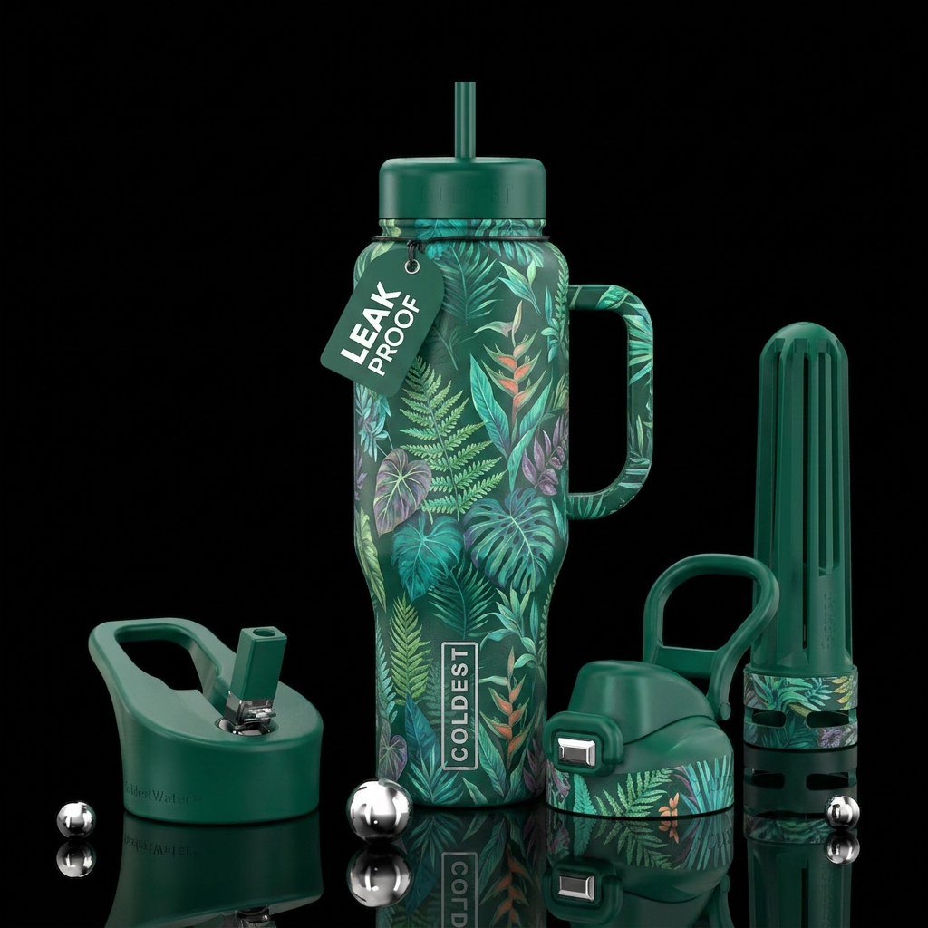 peaceful, exotic plants water bottle design
