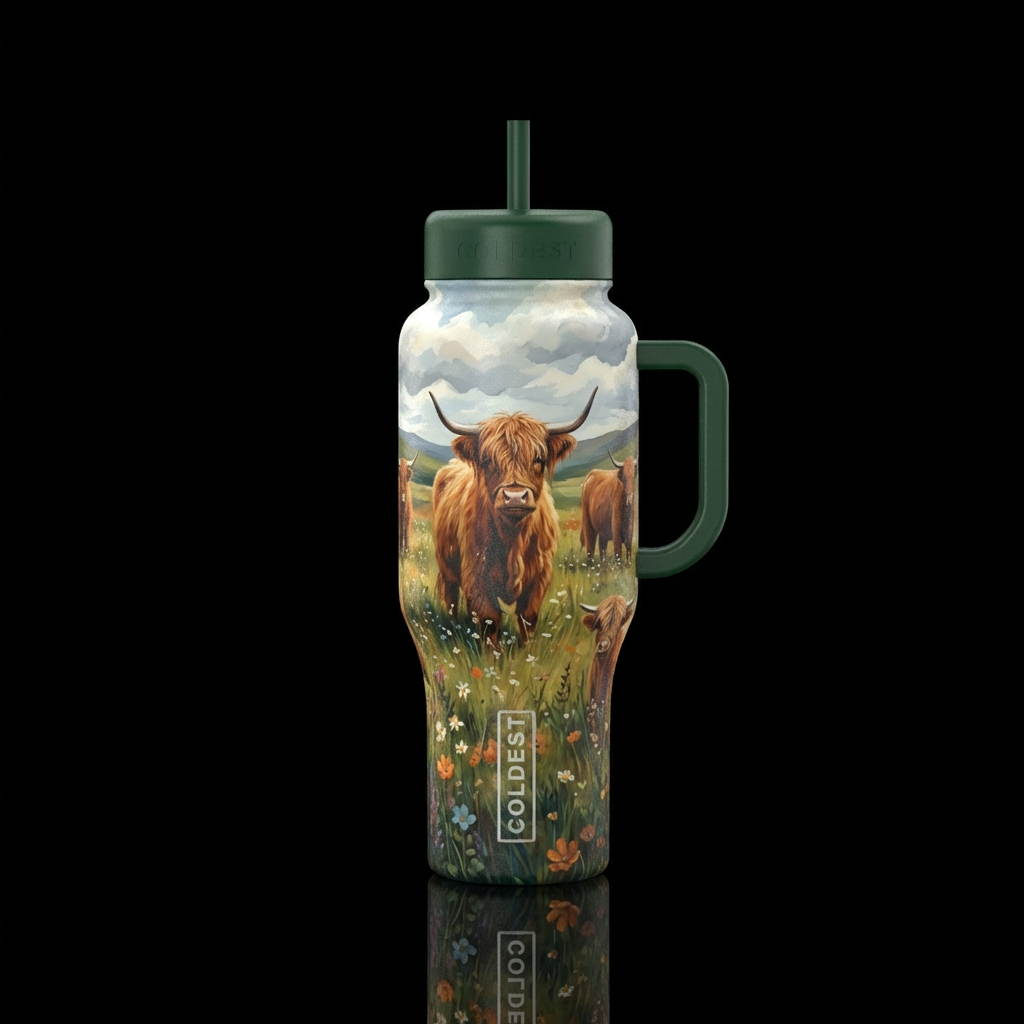 Scottish Highland Cows in a Meadow water bottle design