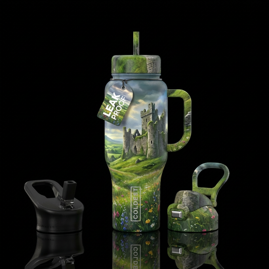 Ireland Meadow with Castle in Ruins water bottle design