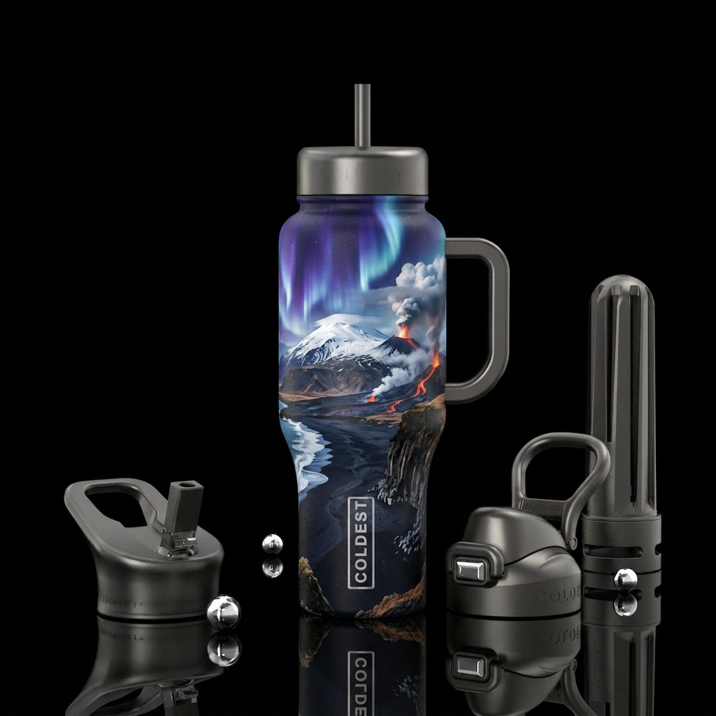 Iceland black sand beach and volcano water bottle design