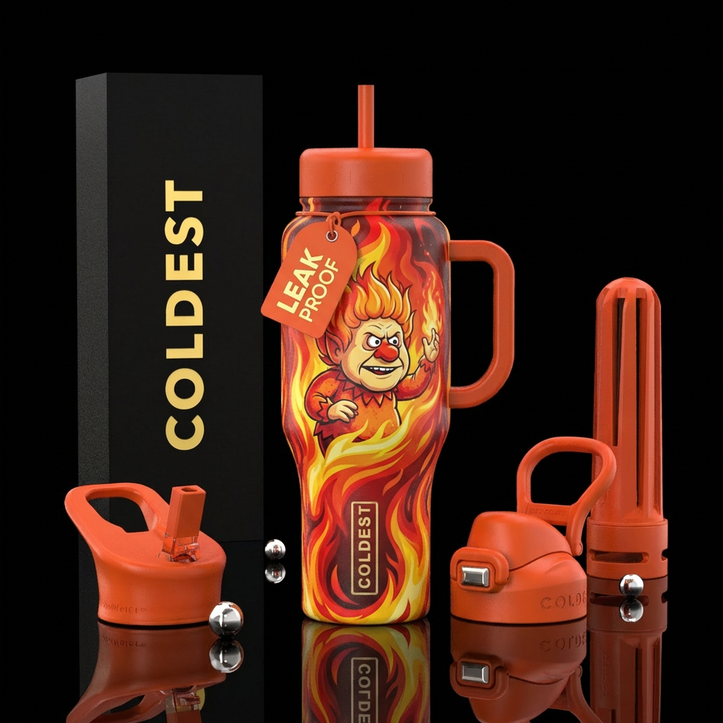 Heat miser, flames, red, orange, orange lids water bottle design