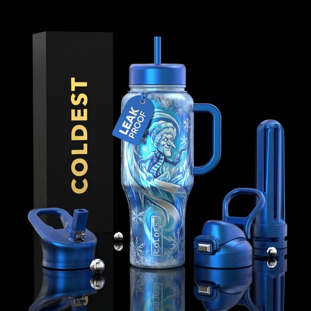 Snow miser, blue,  silver, snow, ice, blue lids water bottle design