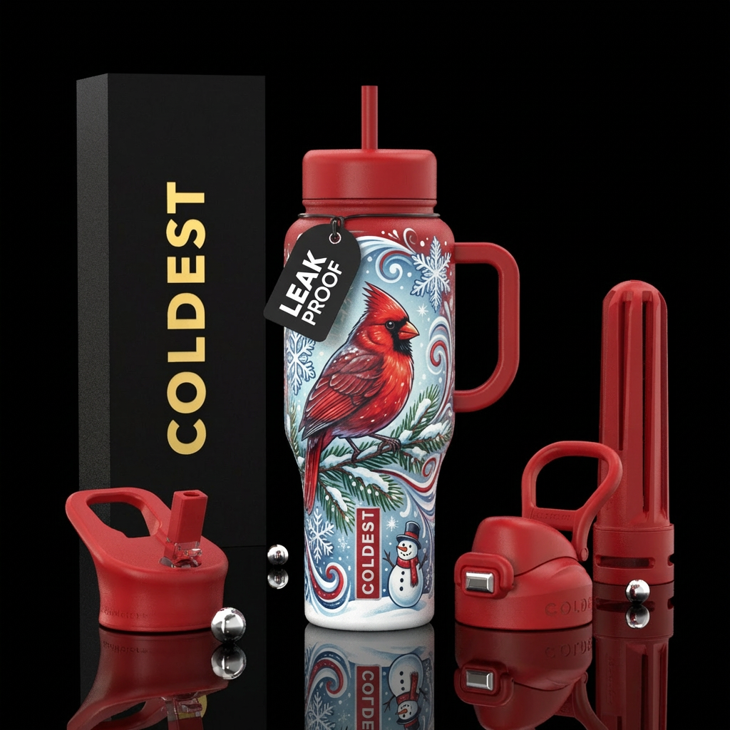 Cardinal, trees with snow, snowflakes,swirls, red ... water bottle design