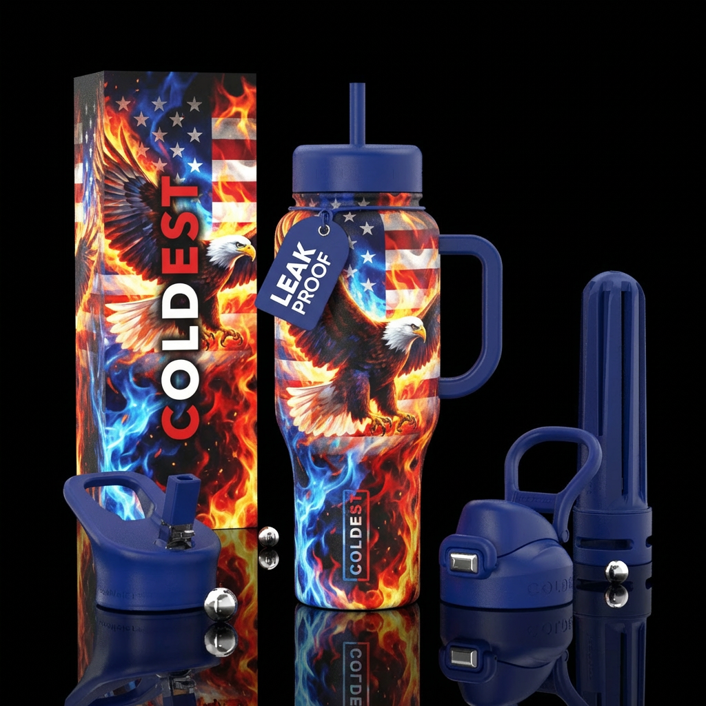 explosive, firery, american flag background, bald ... water bottle design
